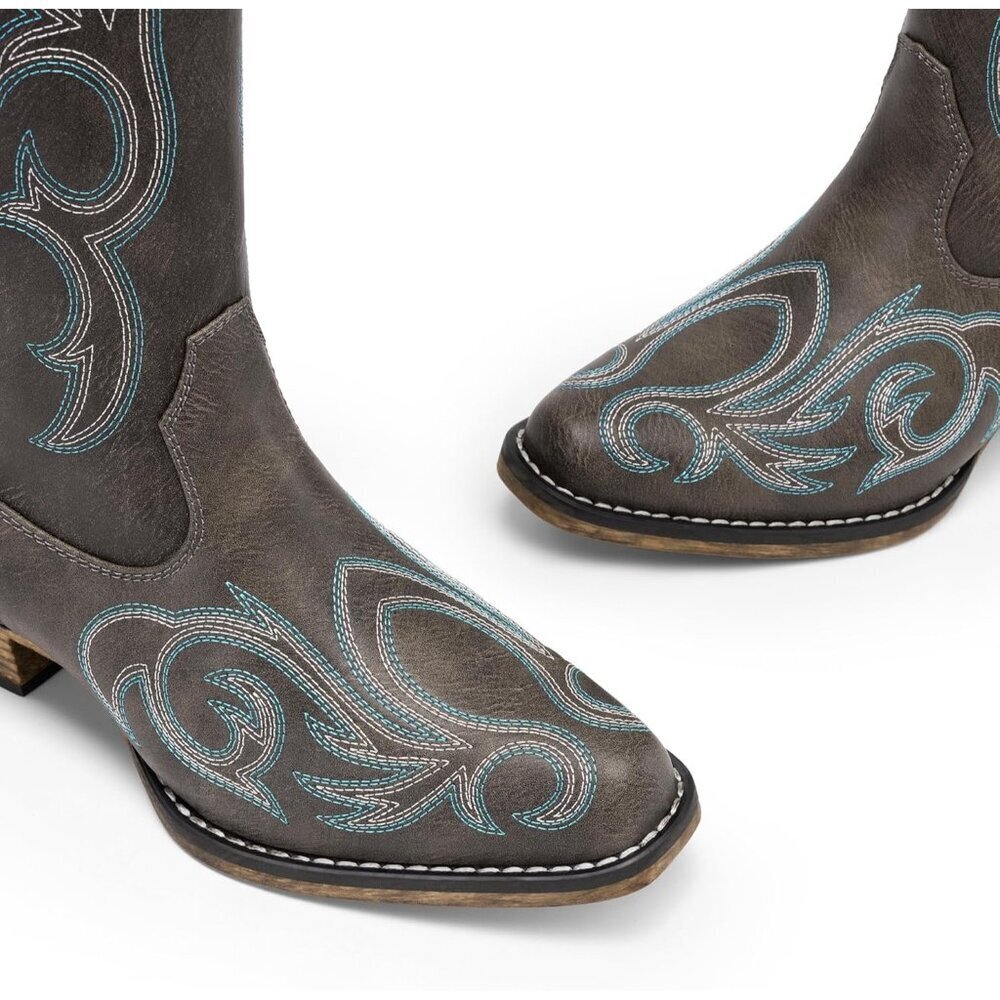 Women's Dark Brown Embroidered Cowboy Boots Comfortable Cowgirl Knee High Boots - Picture 5 of 8